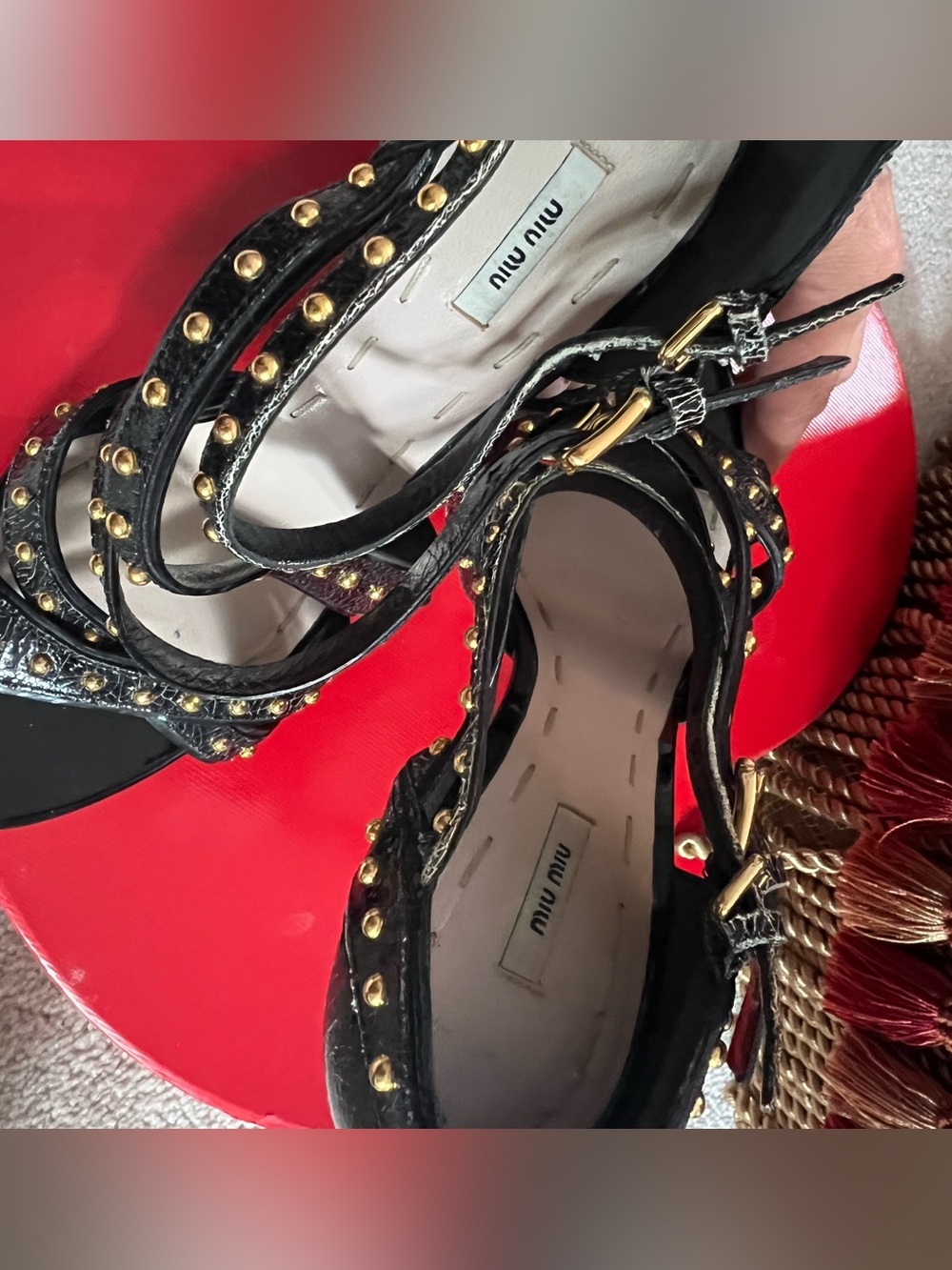 Miu Miu Black Crackled Leather Studded Strappy High-Heel Sandals ā¤ļøāš„ - Picture 13 of 16